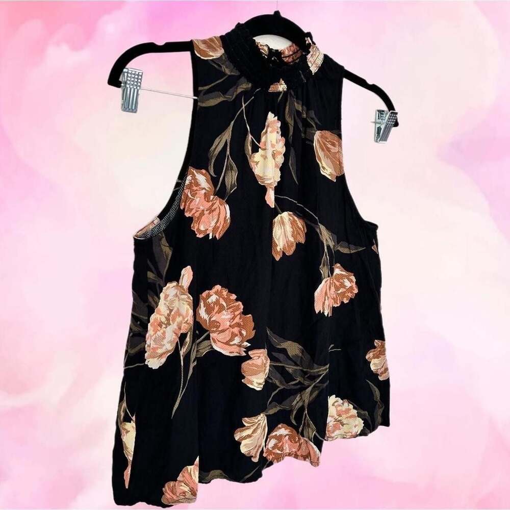 A New Day Black Floral Mock Neck Ruched Sleeveless Blouse - Picture 3 of 6